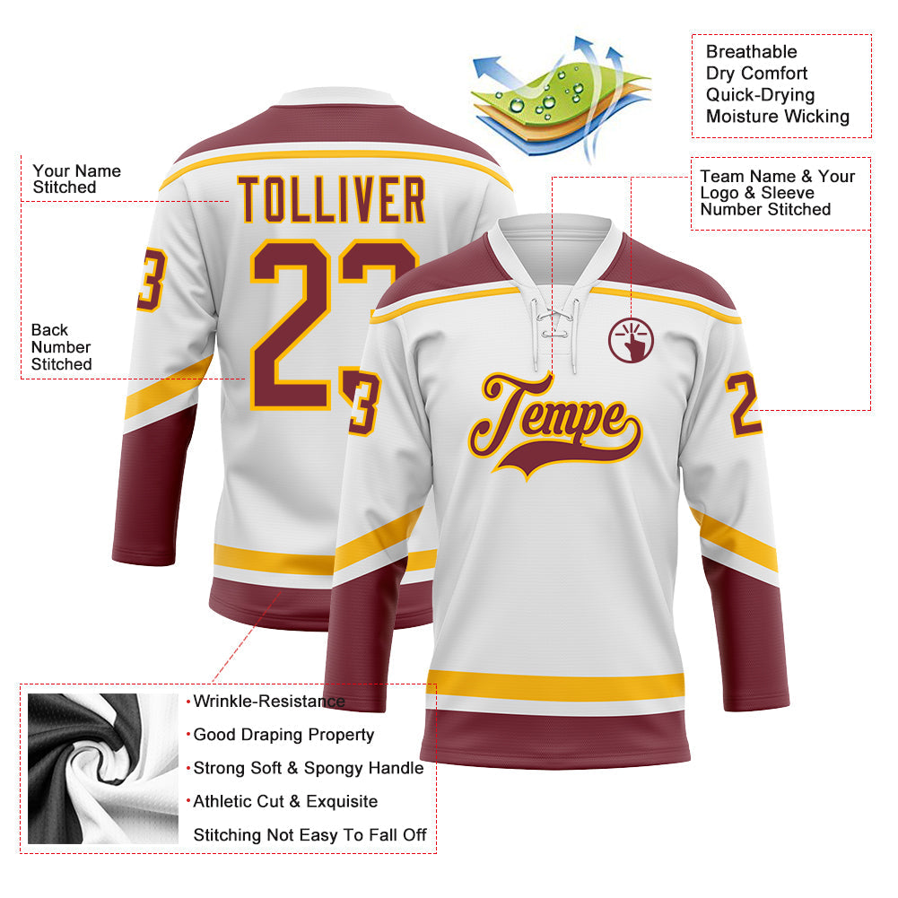 Custom White Burgundy-Gold Hockey Lace Neck Jersey - Sky-Custom
