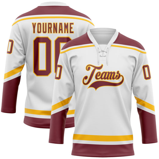 Custom White Burgundy-Gold Hockey Lace Neck Jersey - Sky-Custom