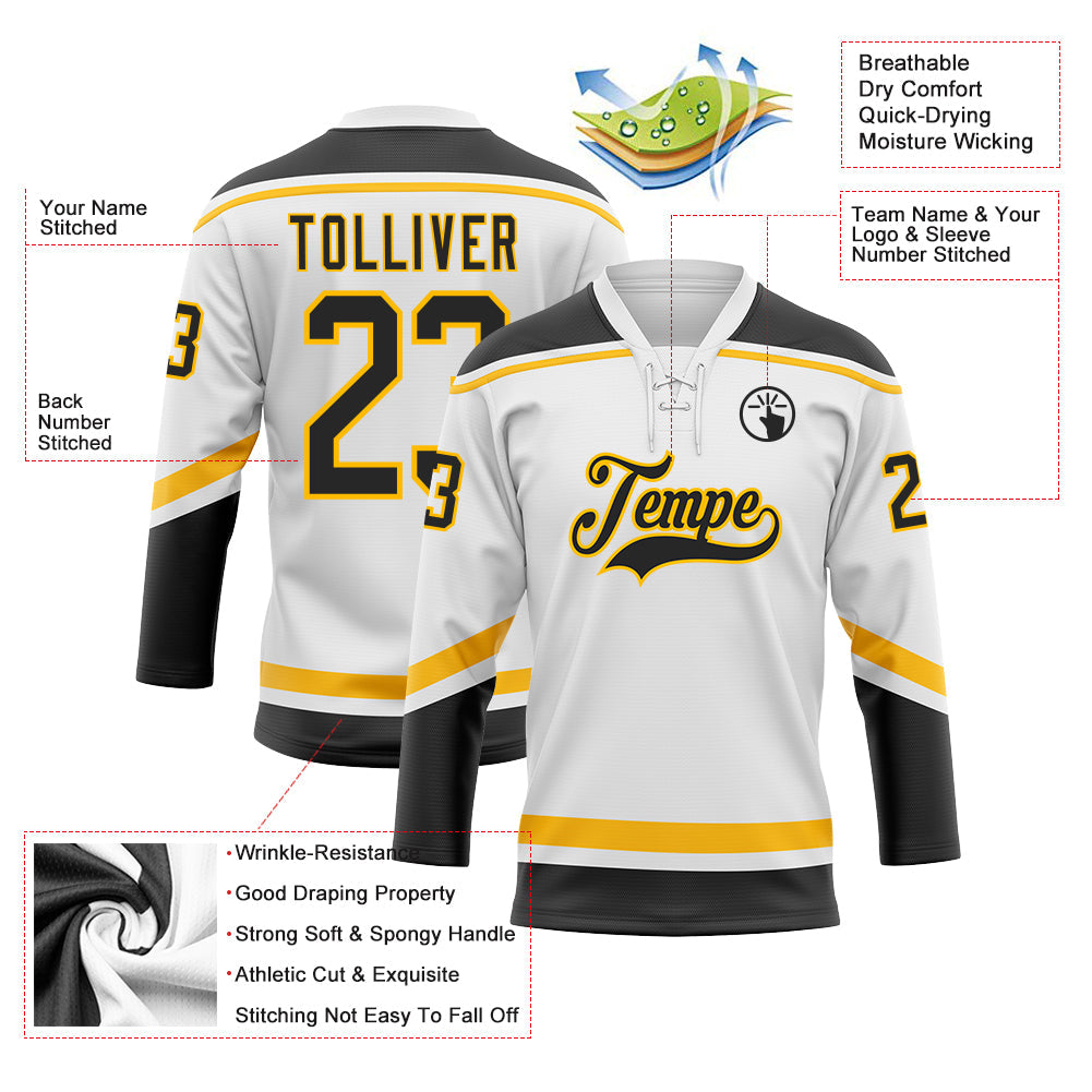 Custom White Black-Gold Hockey Lace Neck Jersey - Sky-Custom