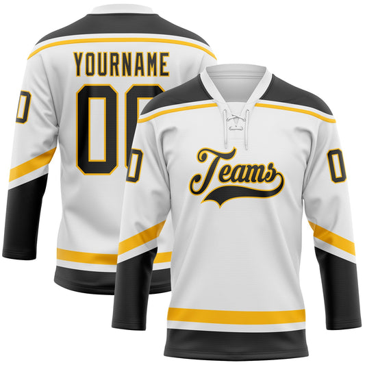 Custom White Black-Gold Hockey Lace Neck Jersey - Sky-Custom