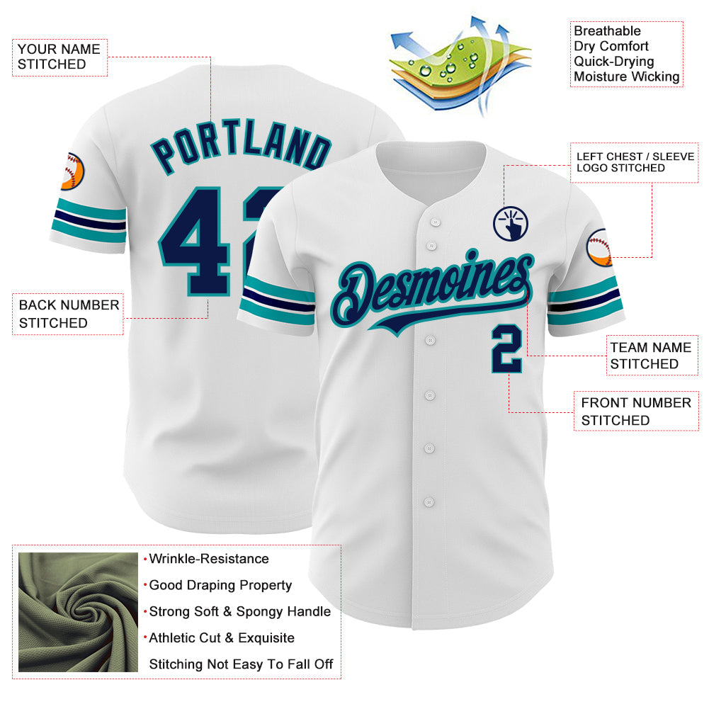 Custom White Navy-Teal Authentic Baseball Jersey - Sky-Custom