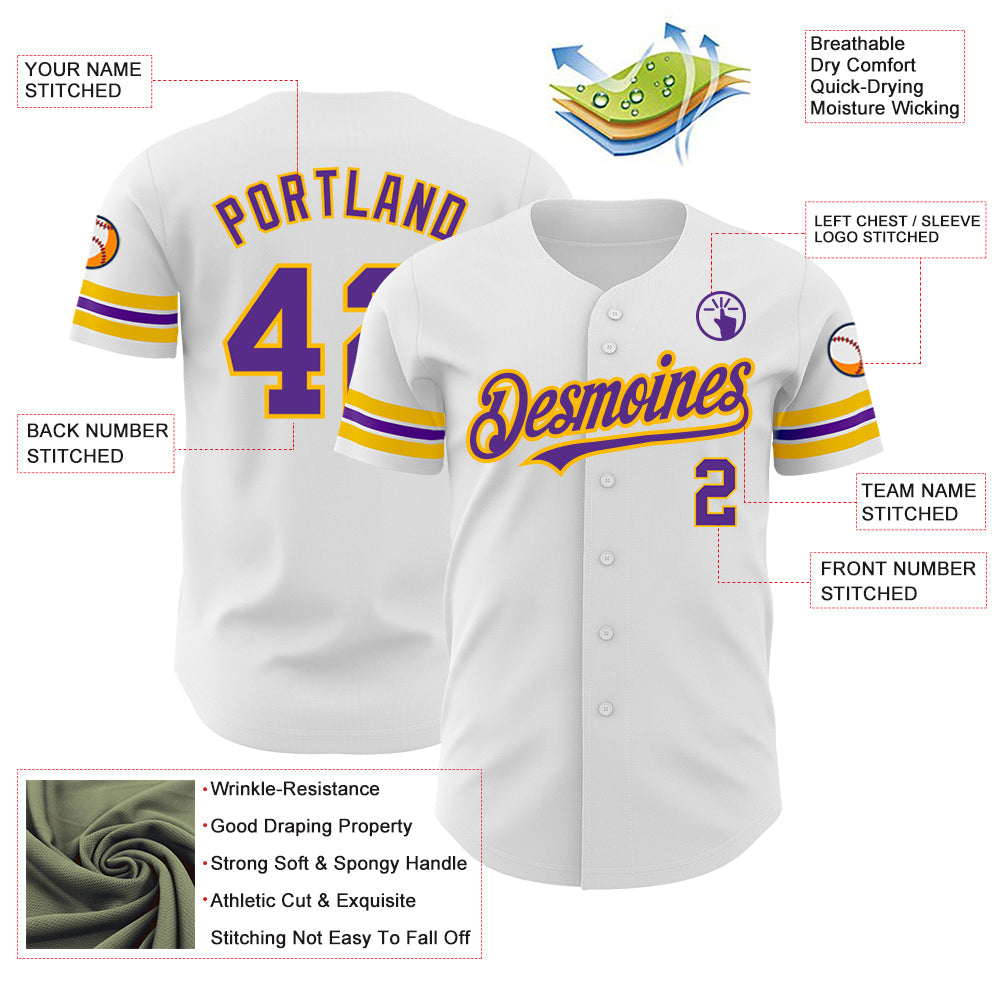 Custom White Purple-Gold Authentic Baseball Jersey - Sky-Custom