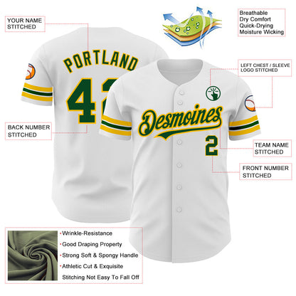 Custom White Green-Gold Authentic Baseball Jersey - Sky-Custom