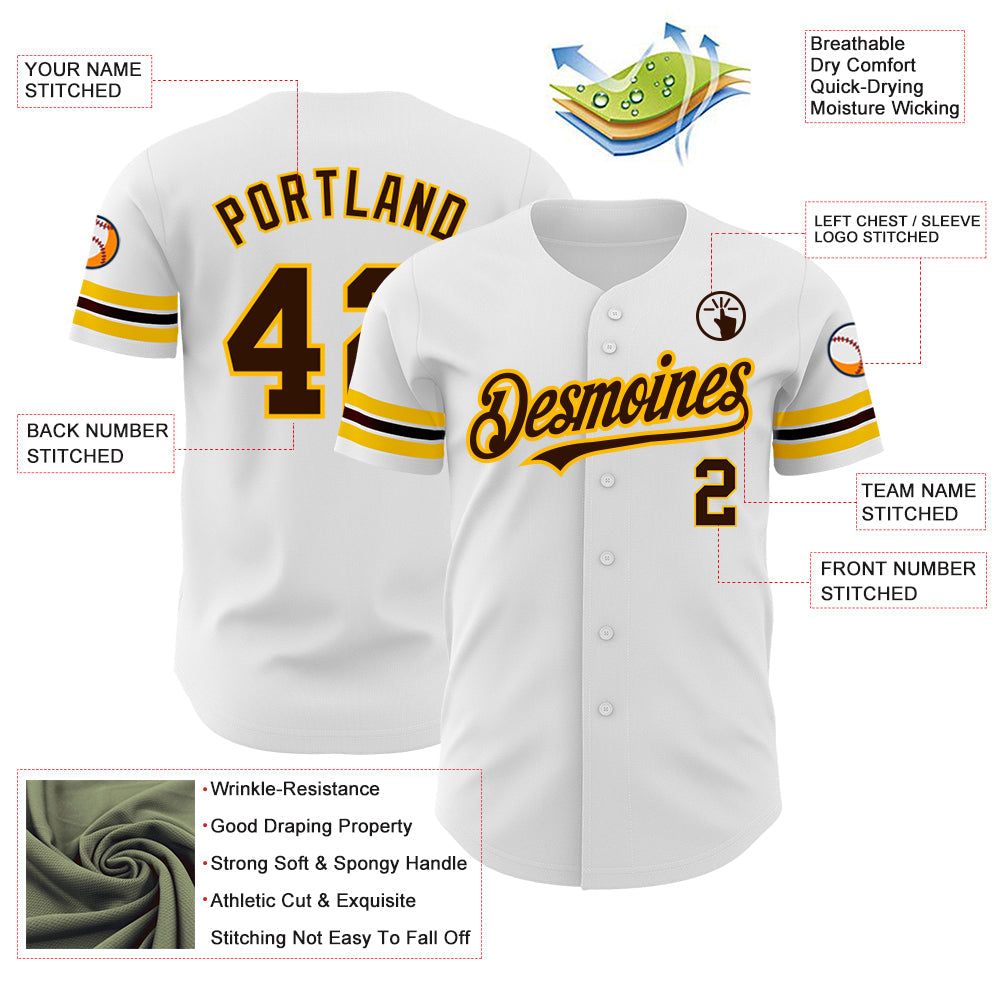 Custom White Brown-Gold Authentic Baseball Jersey - Sky-Custom