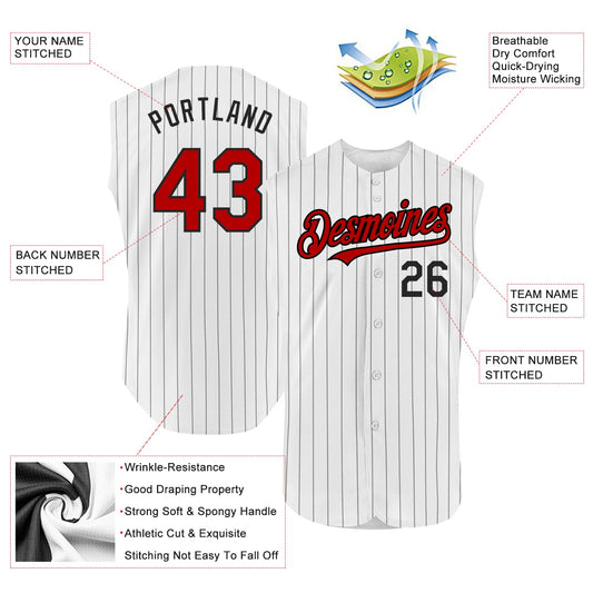 Custom White Black Pinstripe Red Authentic Sleeveless Baseball Jersey - Sky-Custom
