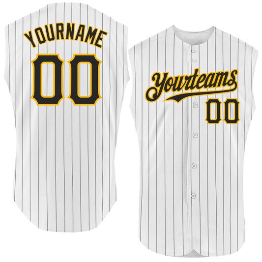 Custom White Black Pinstripe Gold Authentic Sleeveless Baseball Jersey - Sky-Custom