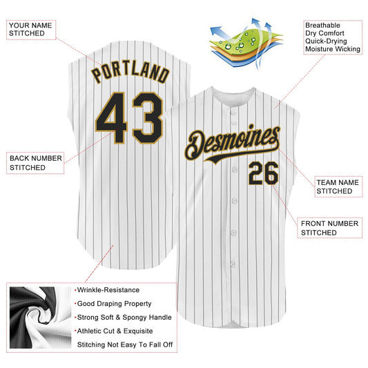 Custom White Black Pinstripe Old Gold Authentic Sleeveless Baseball Jersey - Sky-Custom