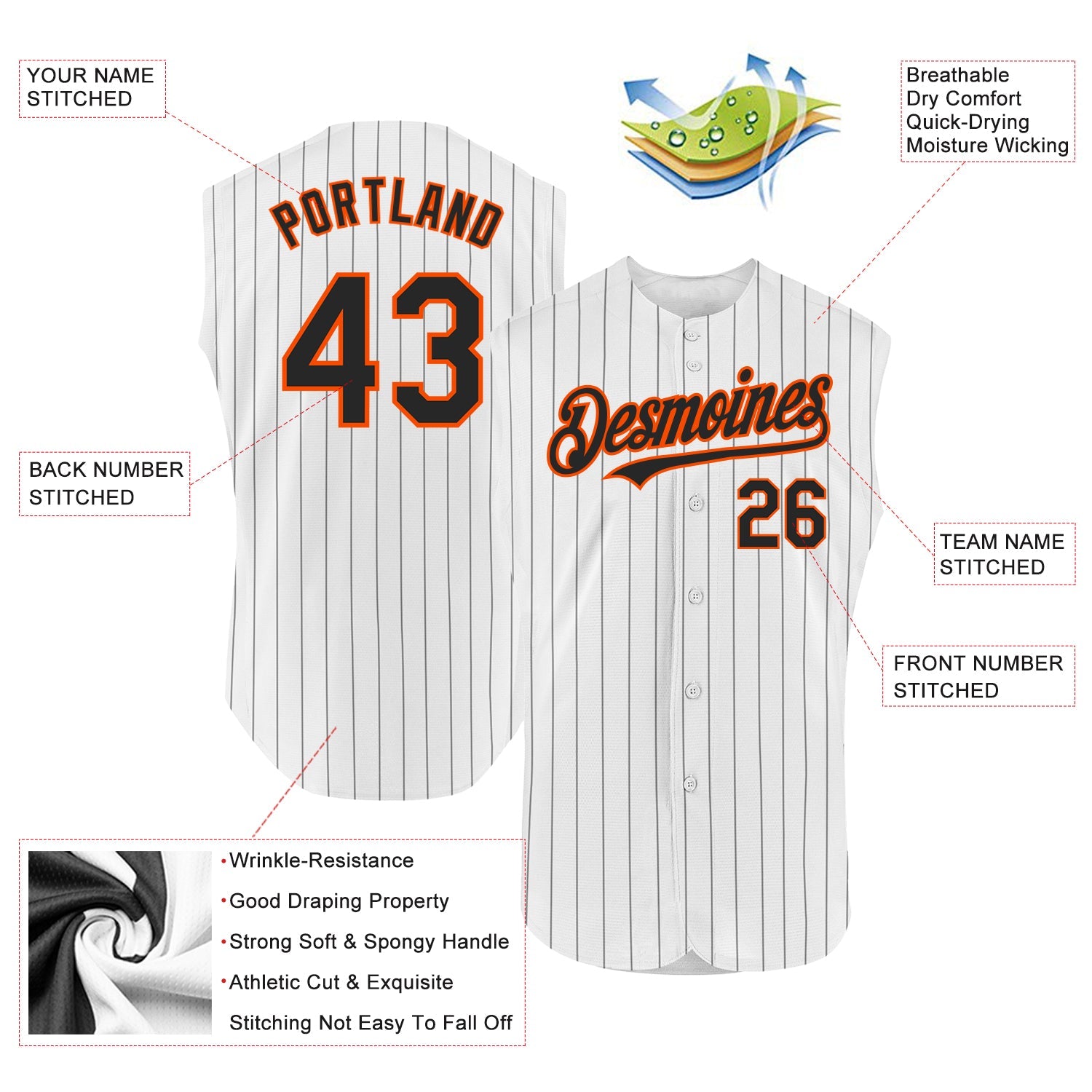 Custom White Black Pinstripe Orange Authentic Sleeveless Baseball Jersey - Sky-Custom