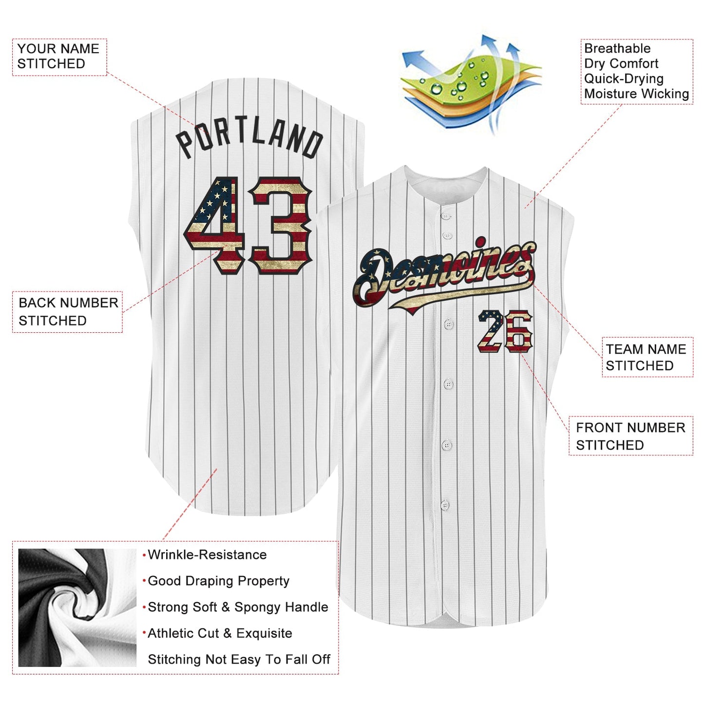 Custom White Black Pinstripe Vintage USA Flag Authentic Sleeveless Baseball Jersey - Sky-Custom