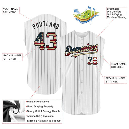 Custom White Black Pinstripe Vintage USA Flag Authentic Sleeveless Baseball Jersey - Sky-Custom