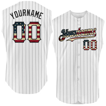 Custom White Black Pinstripe Vintage USA Flag Authentic Sleeveless Baseball Jersey - Sky-Custom