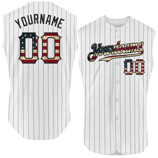 Custom White Black Pinstripe Vintage USA Flag Authentic Sleeveless Baseball Jersey - Sky-Custom