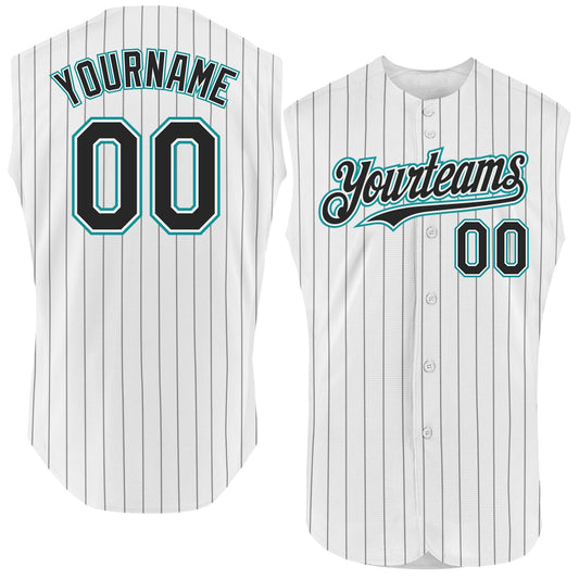 Custom White Black Pinstripe Teal Authentic Sleeveless Baseball Jersey - Sky-Custom