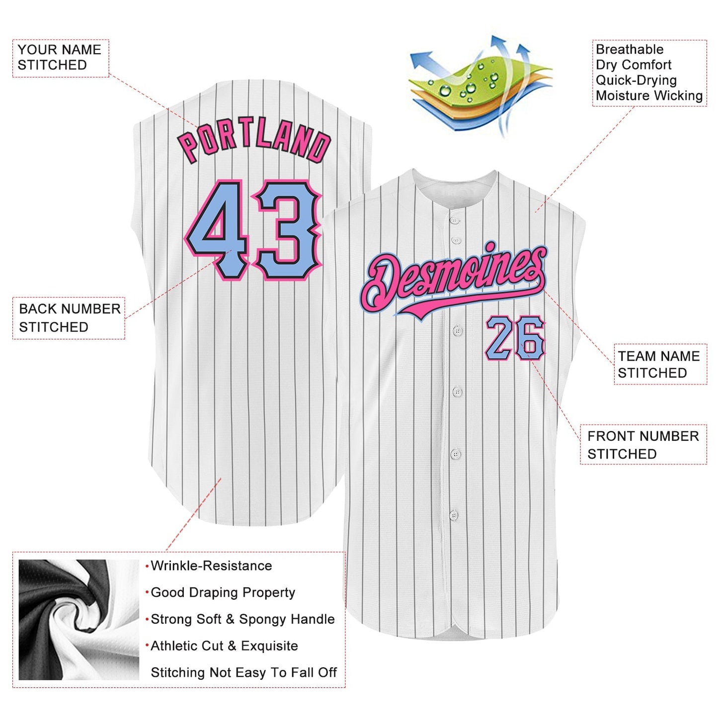 Custom White Black Pinstripe Light Blue-Pink Authentic Sleeveless Baseball Jersey - Sky-Custom