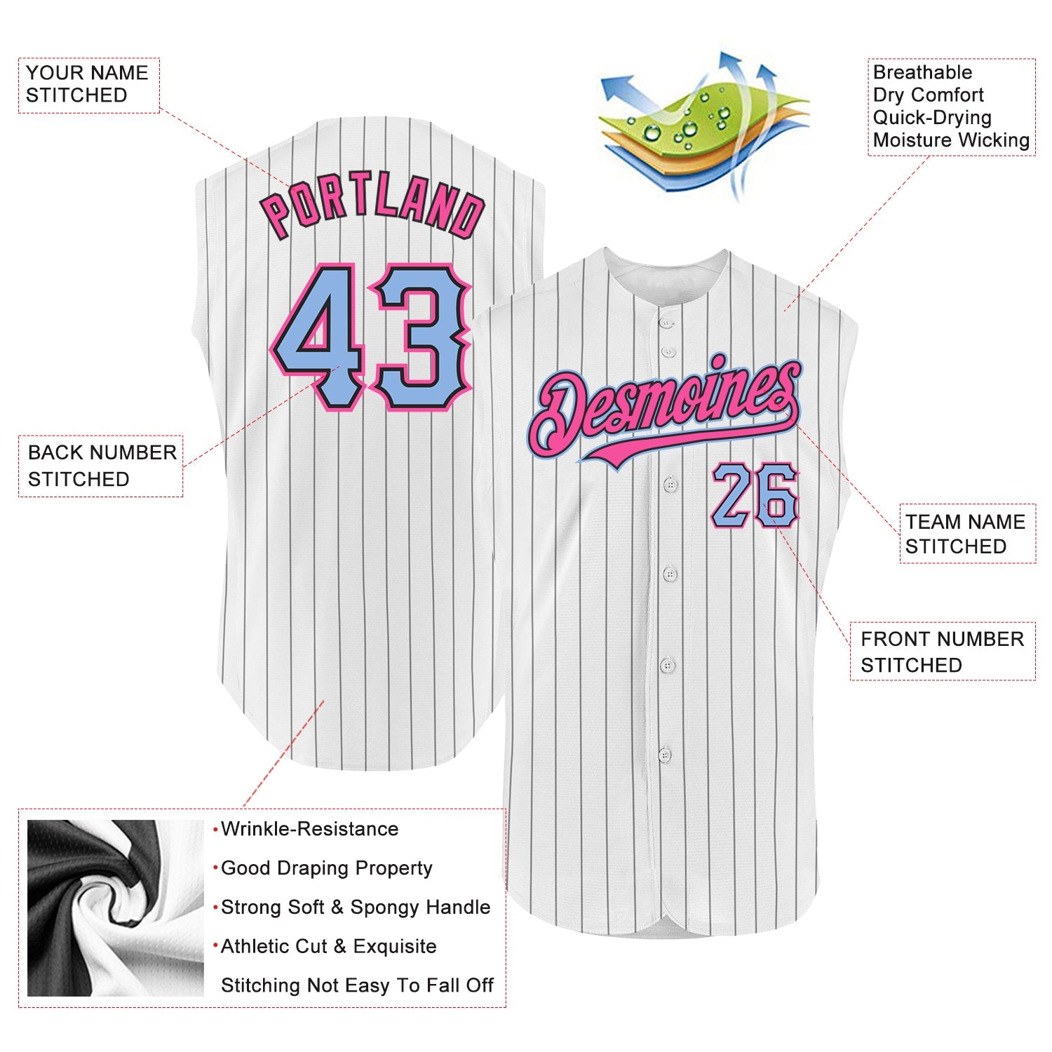 Custom White Black Pinstripe Light Blue-Pink Authentic Sleeveless Baseball Jersey - Sky-Custom