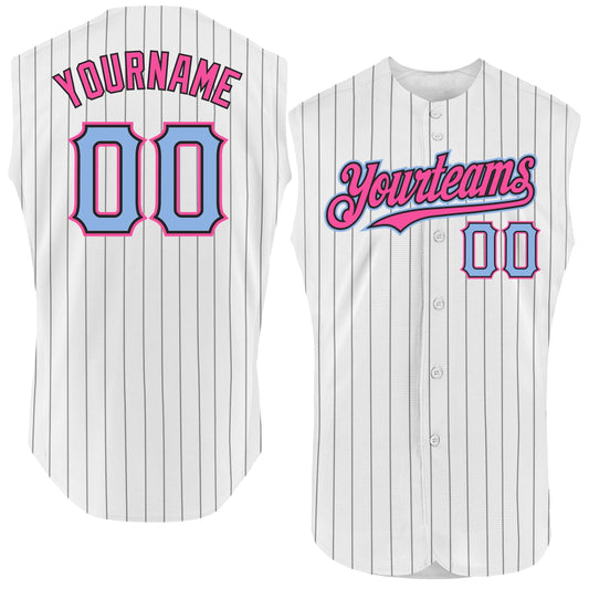 Custom White Black Pinstripe Light Blue-Pink Authentic Sleeveless Baseball Jersey - Sky-Custom