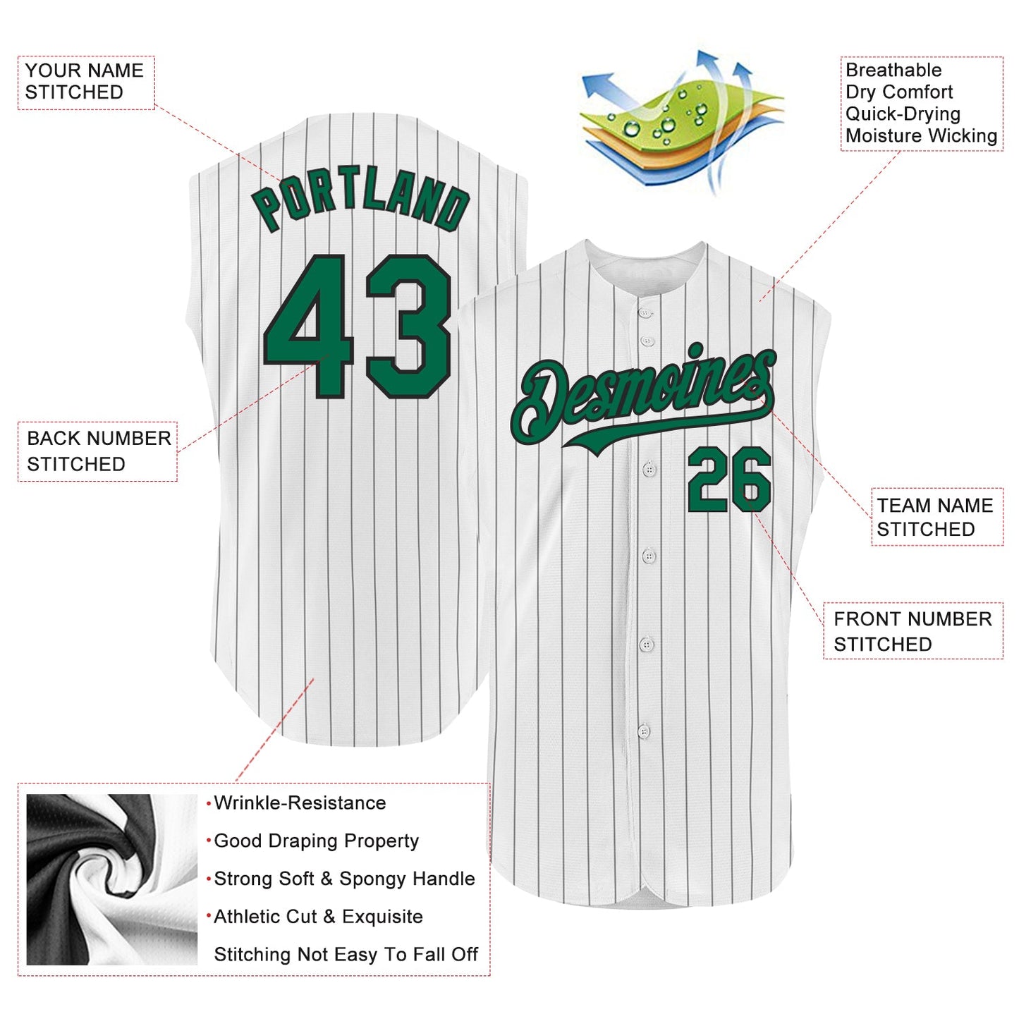 Custom White Black Pinstripe Kelly Green Authentic Sleeveless Baseball Jersey - Sky-Custom