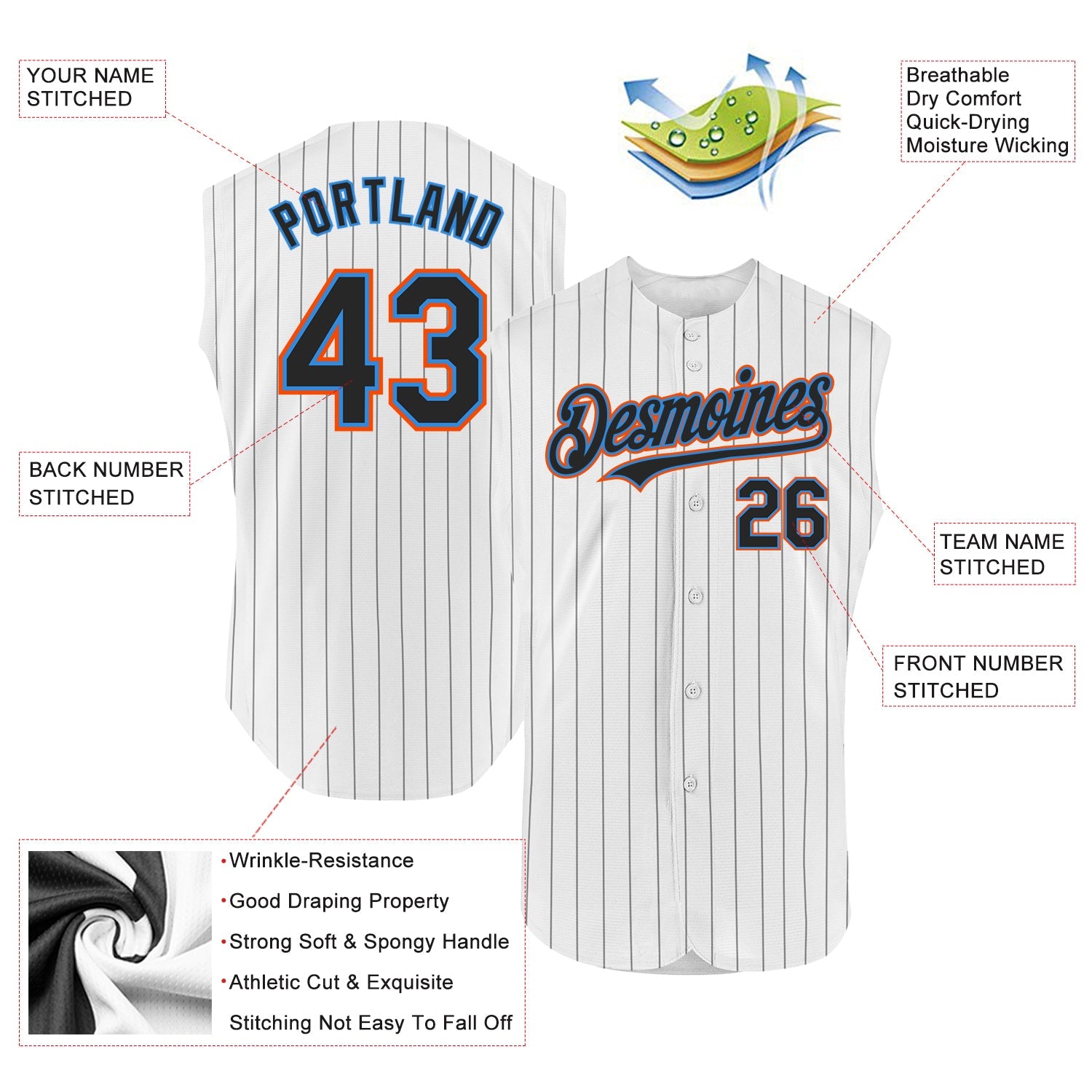 Custom White Black Pinstripe Electric Blue-Orange Authentic Sleeveless Baseball Jersey - Sky-Custom