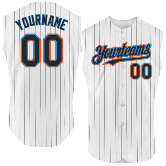 Custom White Black Pinstripe Electric Blue-Orange Authentic Sleeveless Baseball Jersey - Sky-Custom