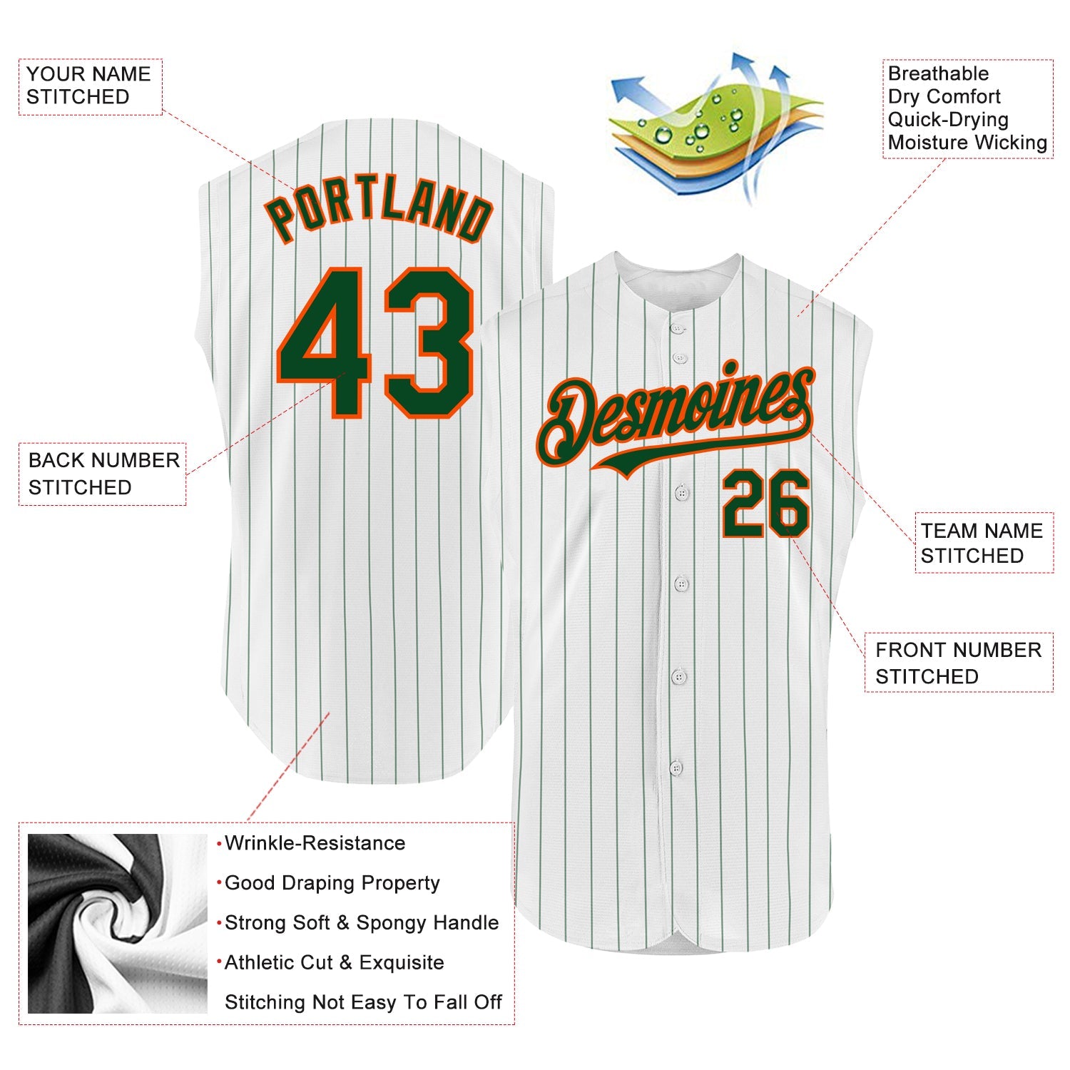 Custom White Green Pinstripe Orange Authentic Sleeveless Baseball Jersey - Sky-Custom
