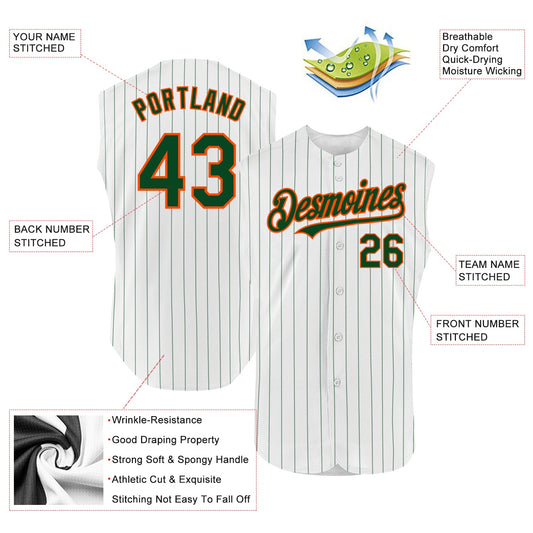 Custom White Green Pinstripe Orange Authentic Sleeveless Baseball Jersey - Sky-Custom
