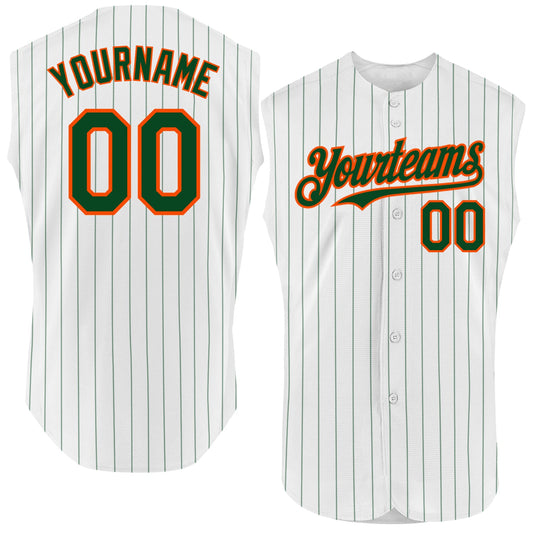 Custom White Green Pinstripe Orange Authentic Sleeveless Baseball Jersey - Sky-Custom