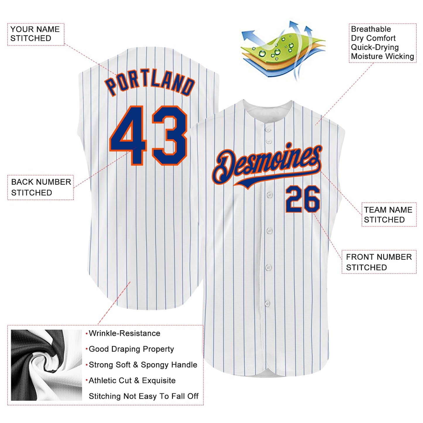 Custom White Royal Pinstripe Orange Authentic Sleeveless Baseball Jersey - Sky-Custom