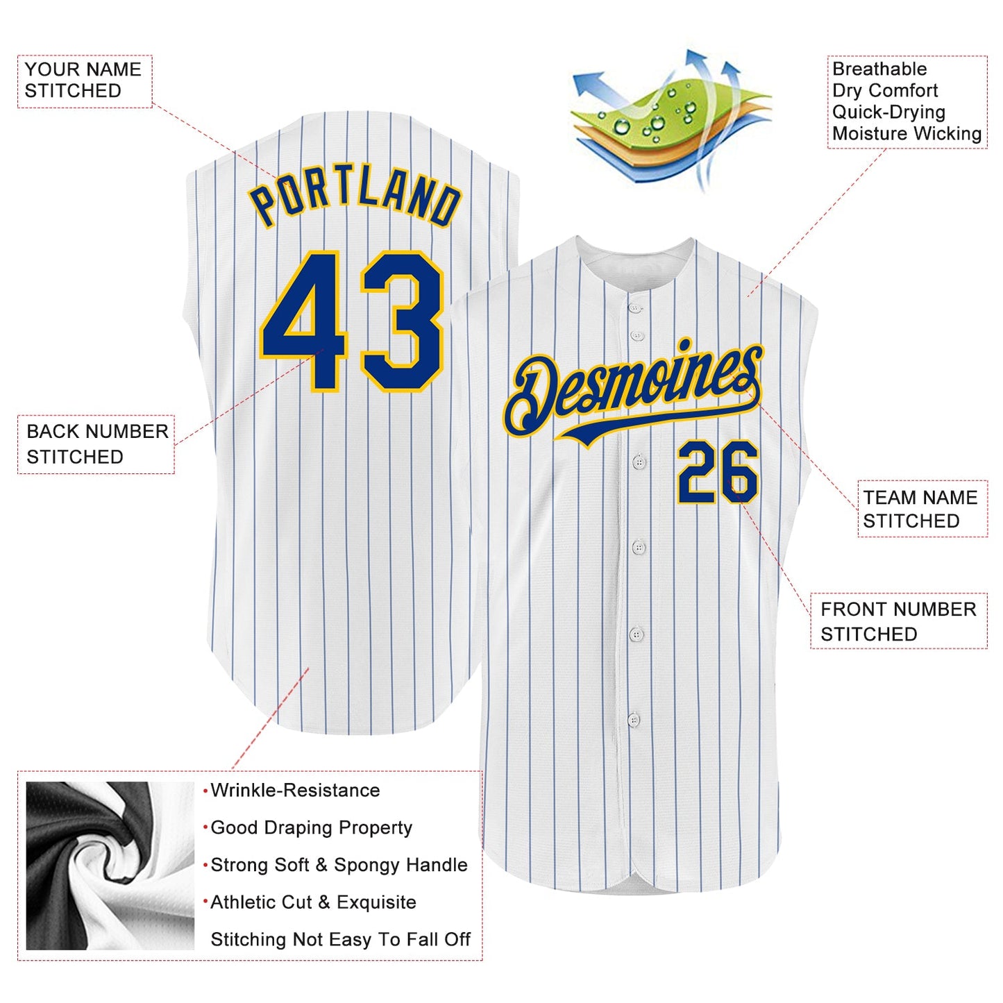 Custom White Royal Pinstripe Yellow Authentic Sleeveless Baseball Jersey - Sky-Custom