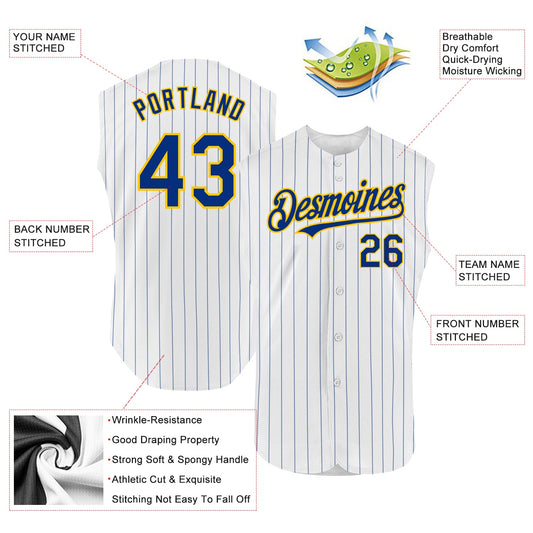 Custom White Royal Pinstripe Yellow Authentic Sleeveless Baseball Jersey - Sky-Custom