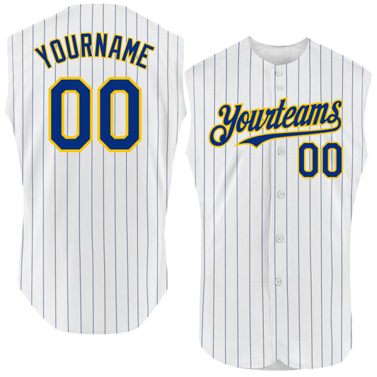 Custom White Royal Pinstripe Yellow Authentic Sleeveless Baseball Jersey - Sky-Custom