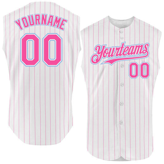 Custom White Pink Pinstripe Light Blue Authentic Sleeveless Baseball Jersey - Sky-Custom