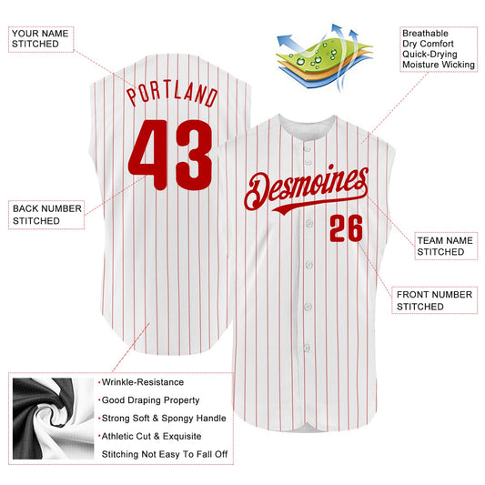 Custom White Red Pinstripe Red Authentic Sleeveless Baseball Jersey - Sky-Custom