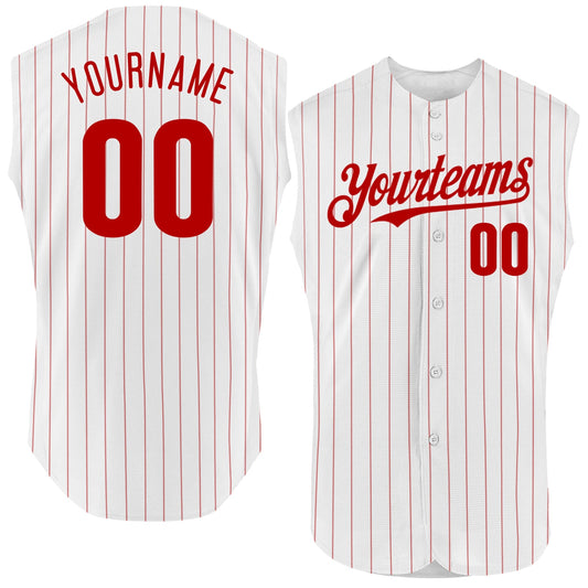 Custom White Red Pinstripe Red Authentic Sleeveless Baseball Jersey - Sky-Custom