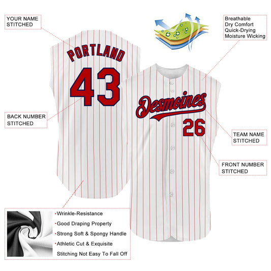 Custom White Red Pinstripe Navy Authentic Sleeveless Baseball Jersey - Sky-Custom