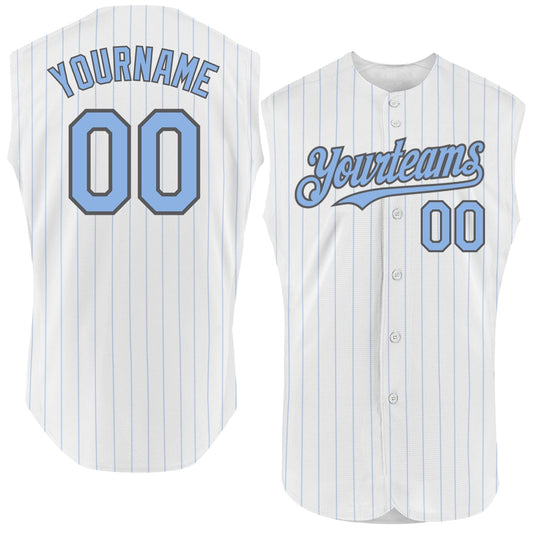 Custom White Light Blue Pinstripe Steel Gray Authentic Sleeveless Baseball Jersey - Sky-Custom