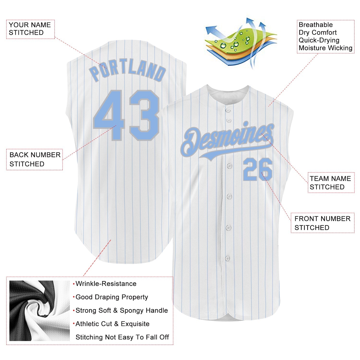 Custom White Light Blue Pinstripe Gray Authentic Sleeveless Baseball Jersey - Sky-Custom