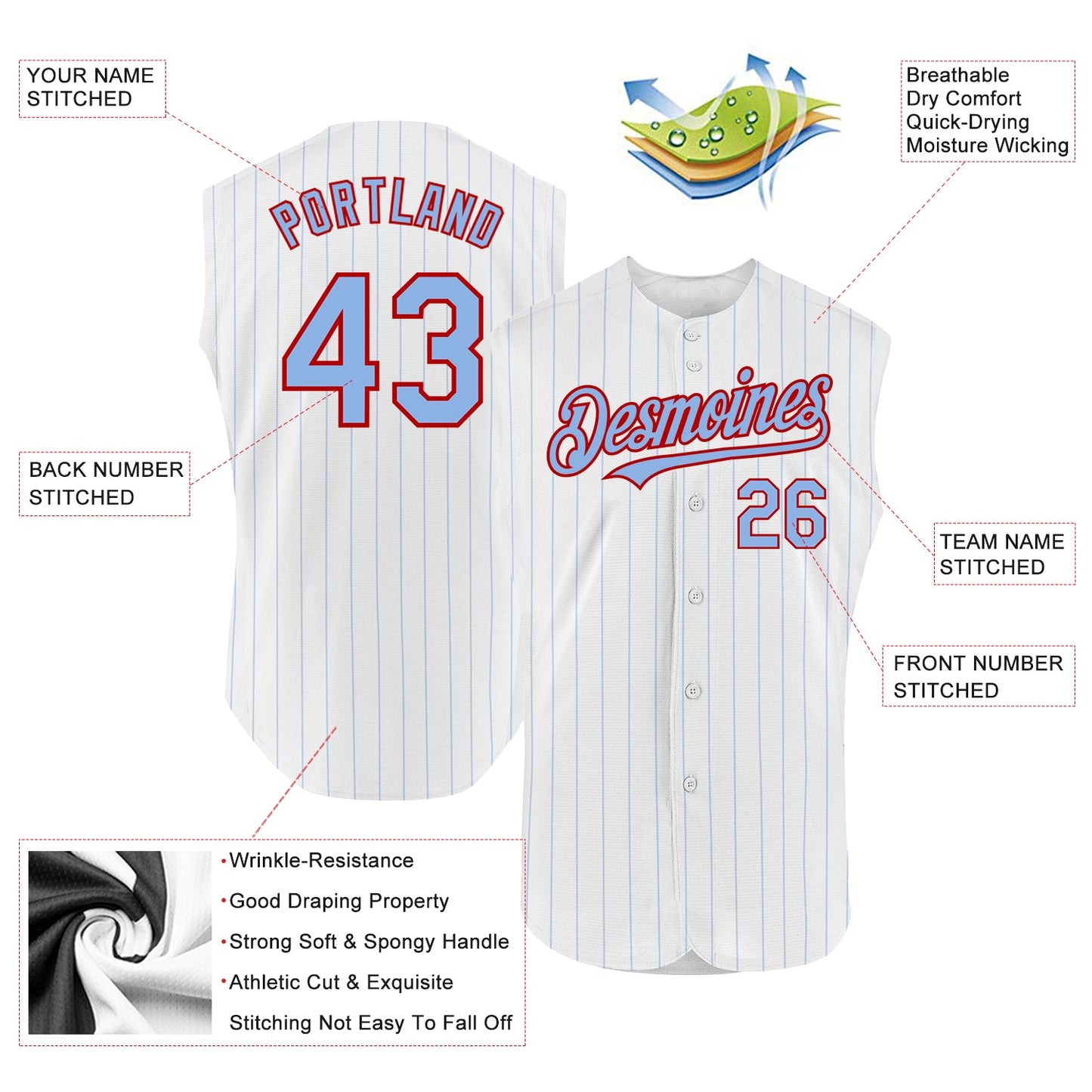 Custom White Light Blue Pinstripe Red Authentic Sleeveless Baseball Jersey - Sky-Custom