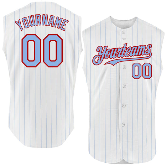 Custom White Light Blue Pinstripe Red Authentic Sleeveless Baseball Jersey - Sky-Custom