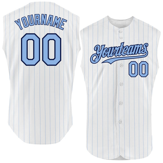 Custom White Light Blue Pinstripe Navy Authentic Sleeveless Baseball Jersey - Sky-Custom
