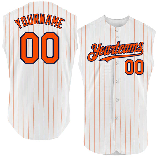 Custom White Orange Pinstripe Navy Authentic Sleeveless Baseball Jersey - Sky-Custom