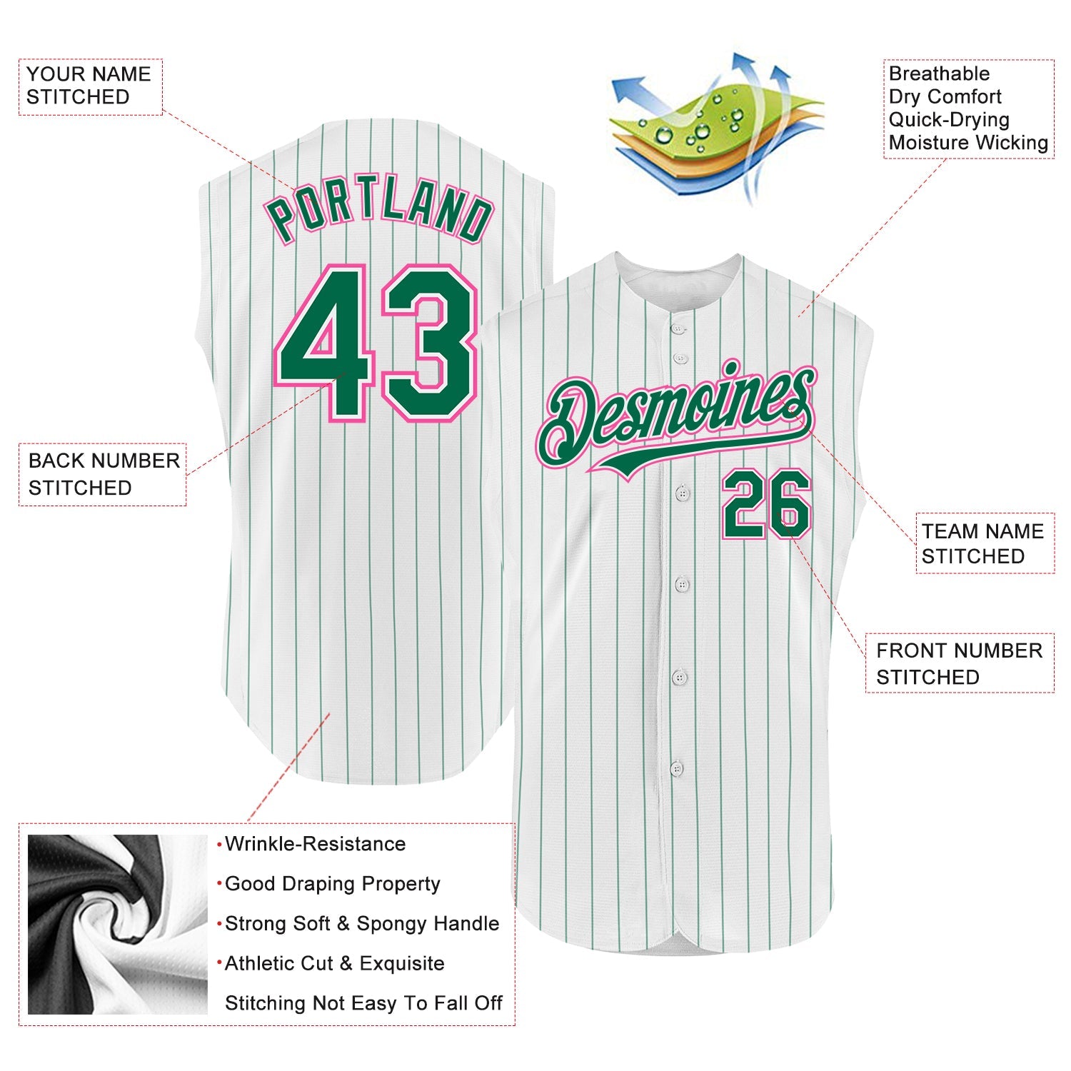 Custom White Kelly Green Pinstripe Pink Authentic Sleeveless Baseball Jersey - Sky-Custom