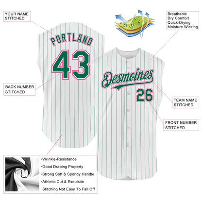 Custom White Kelly Green Pinstripe Pink Authentic Sleeveless Baseball Jersey - Sky-Custom