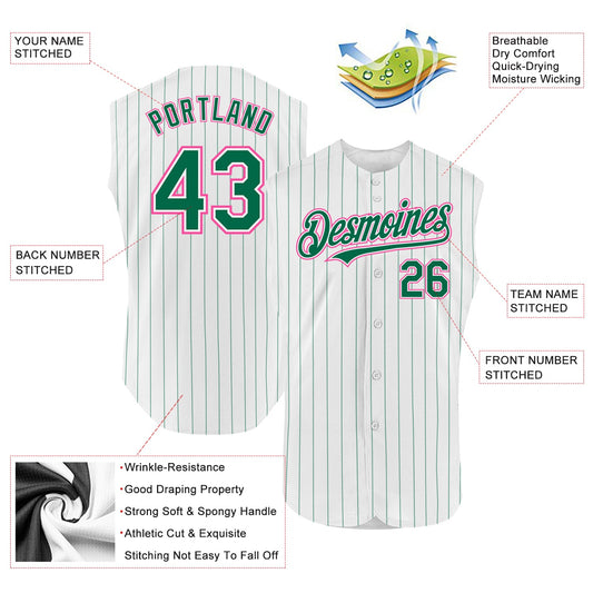 Custom White Kelly Green Pinstripe Pink Authentic Sleeveless Baseball Jersey - Sky-Custom