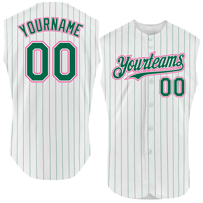 Custom White Kelly Green Pinstripe Pink Authentic Sleeveless Baseball Jersey - Sky-Custom