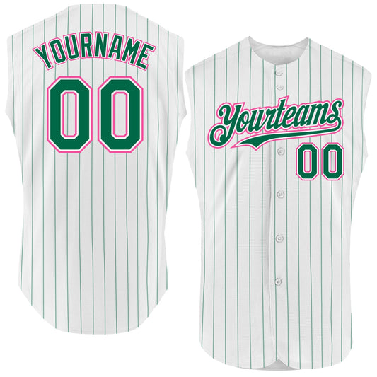 Custom White Kelly Green Pinstripe Pink Authentic Sleeveless Baseball Jersey - Sky-Custom