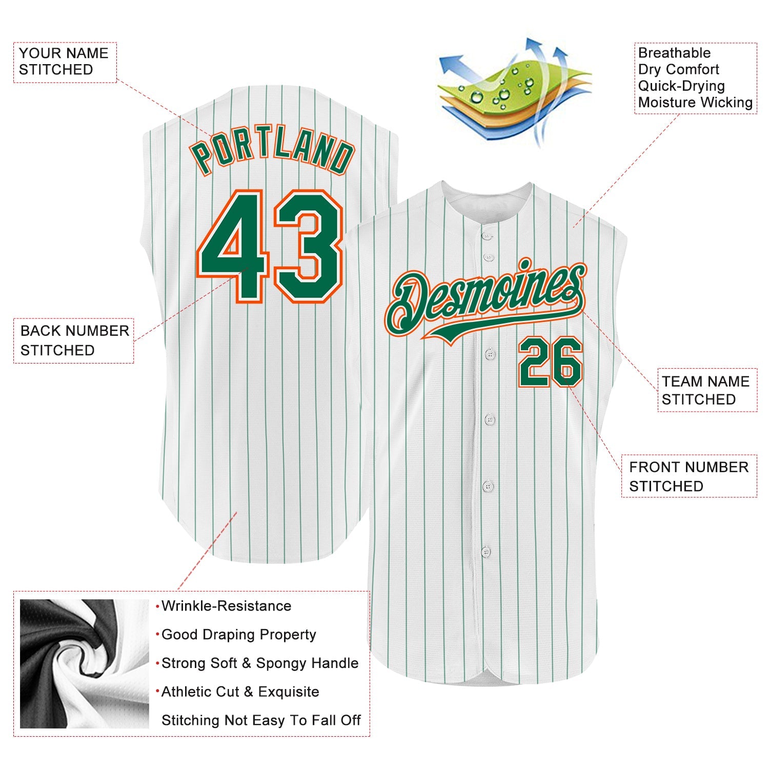 Custom White Kelly Green Pinstripe Orange Authentic Sleeveless Baseball Jersey - Sky-Custom
