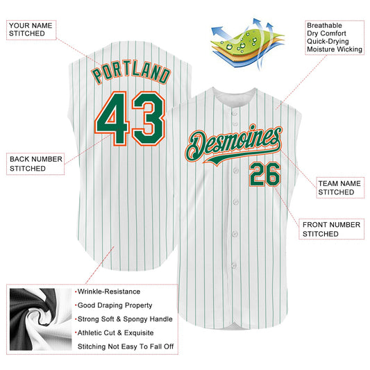 Custom White Kelly Green Pinstripe Orange Authentic Sleeveless Baseball Jersey - Sky-Custom