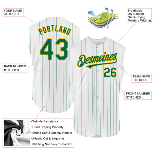 Custom White Kelly Green Pinstripe Gold Authentic Sleeveless Baseball Jersey - Sky-Custom