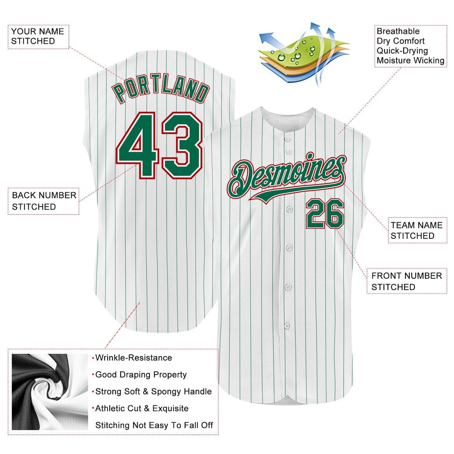 Custom White Kelly Green Pinstripe Red Authentic Sleeveless Baseball Jersey - Sky-Custom