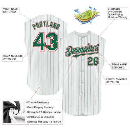 Custom White Kelly Green Pinstripe Red Authentic Sleeveless Baseball Jersey - Sky-Custom